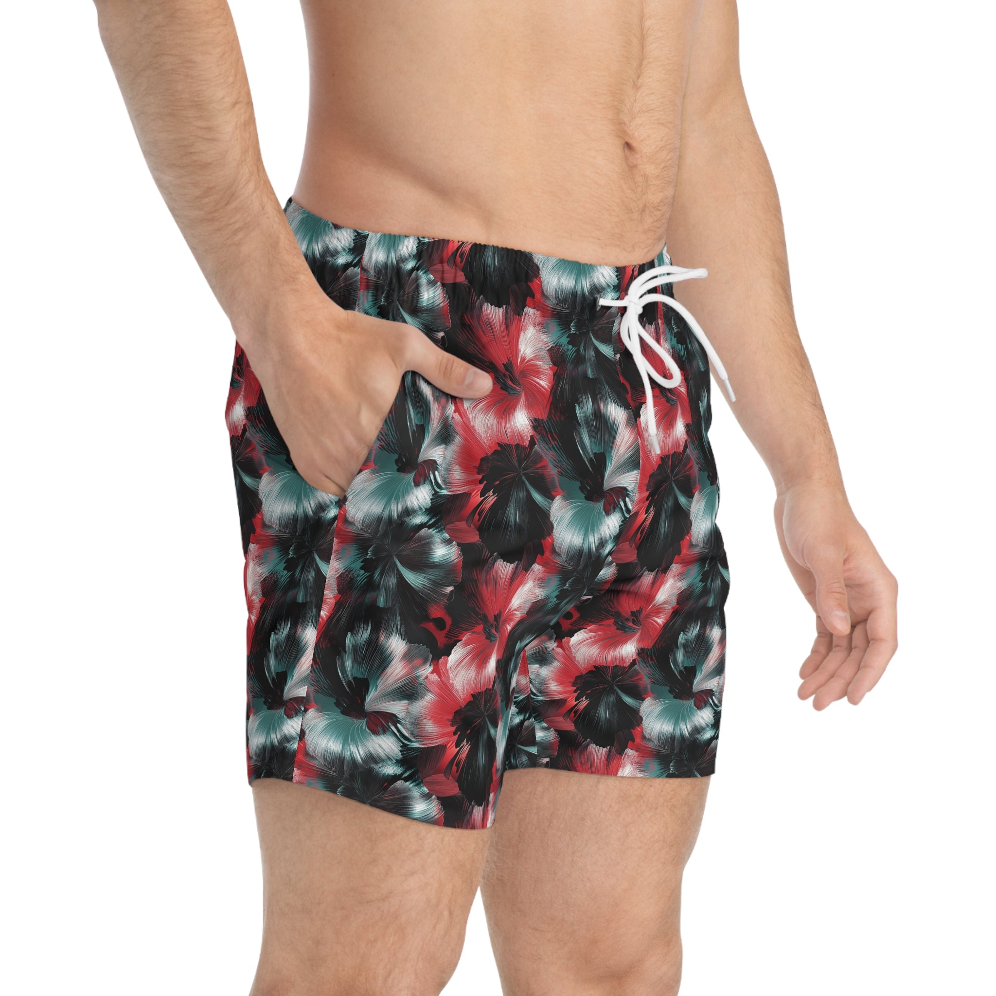Tropical Hibiscus Swim Trunks — Red & Teal Floral Allover Print