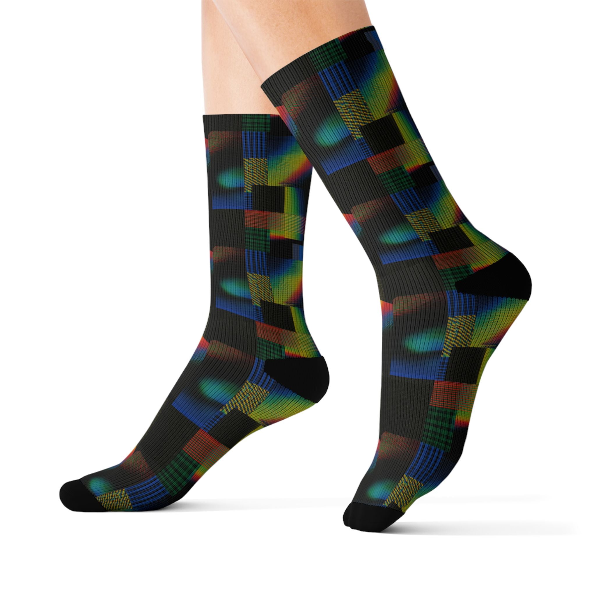 Abstract Rainbow Grid Sublimation Socks — Colorful Geometric Crew Socks
