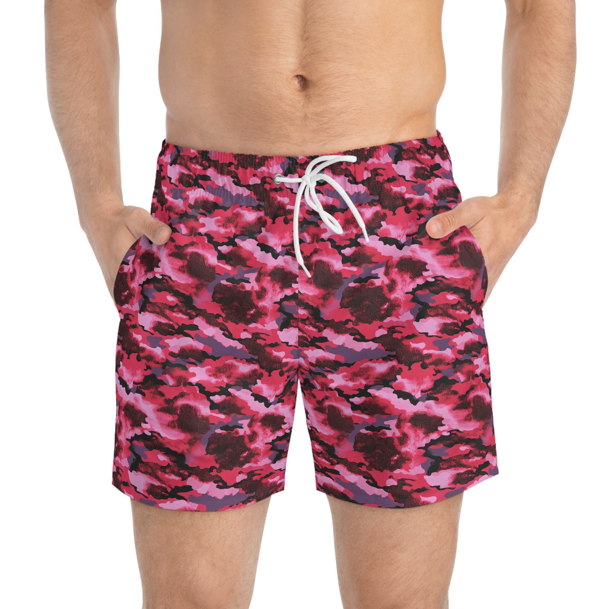 Pink Camo Swim Trunks — All-Over Print Beach Shorts