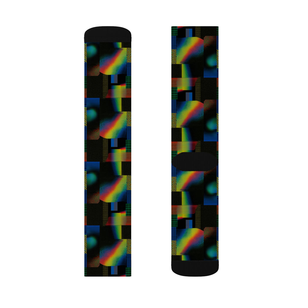 Abstract Rainbow Grid Sublimation Socks — Colorful Geometric Crew Socks