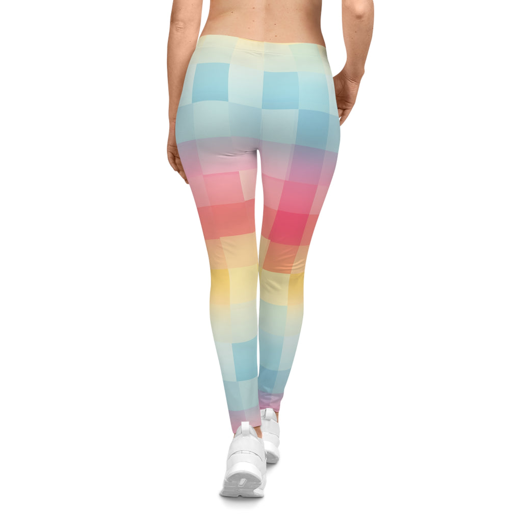 Pastel Gradient Check Leggings — Women's Colorblock Yoga & Casual Leggings