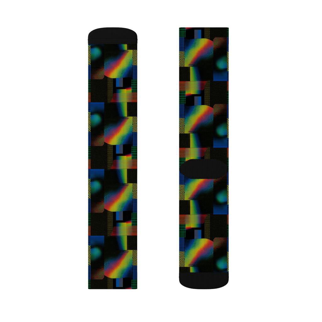Abstract Rainbow Grid Sublimation Socks — Colorful Geometric Crew Socks