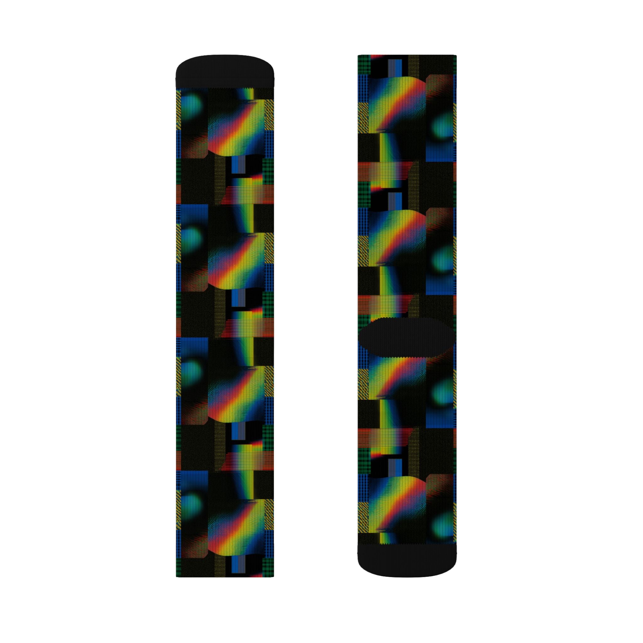 Abstract Rainbow Grid Sublimation Socks — Colorful Geometric Crew Socks