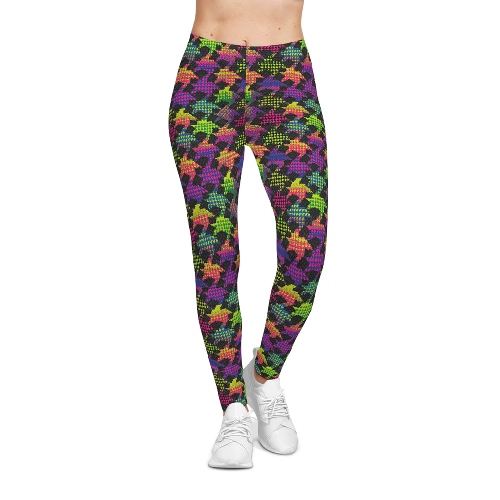 Colorful Neon Houndstooth Leggings — Women’s Patterned AOP Activewear