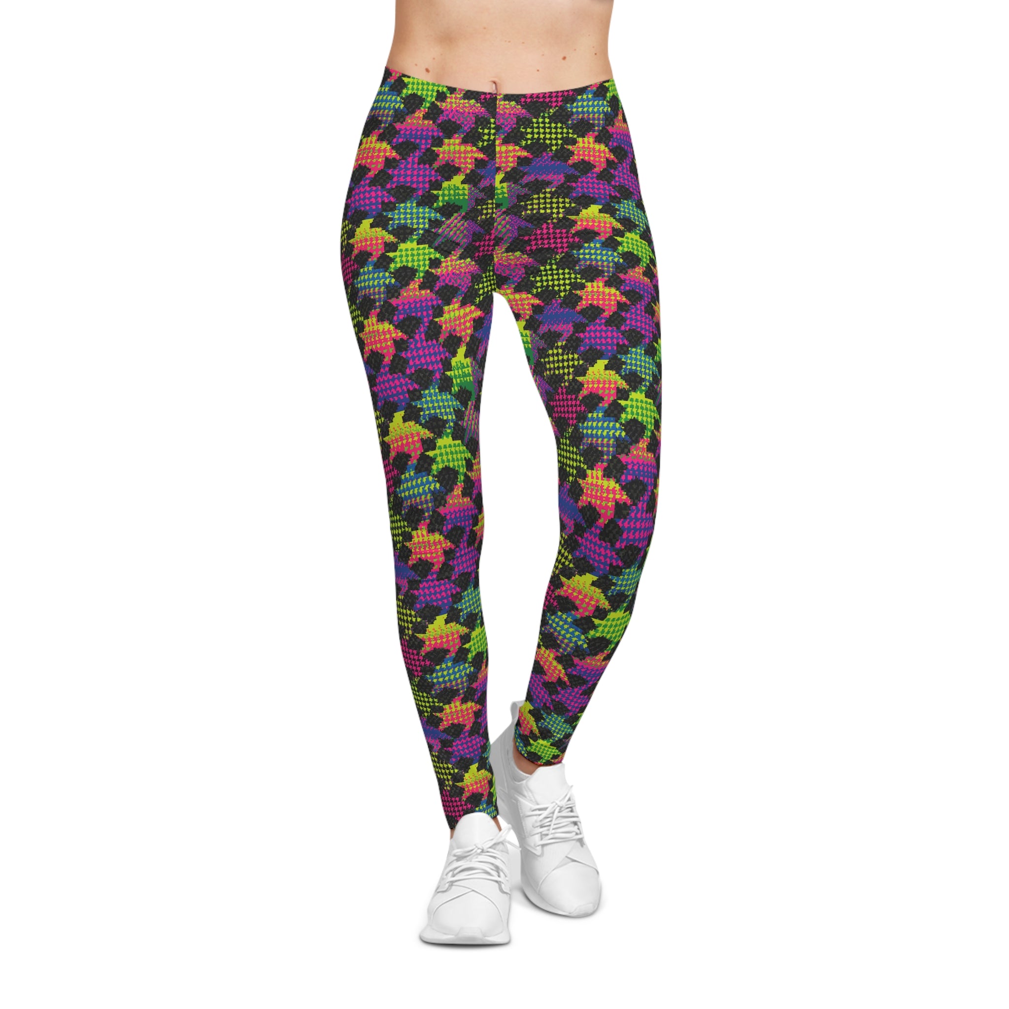 Colorful Neon Houndstooth Leggings — Women’s Patterned AOP Activewear