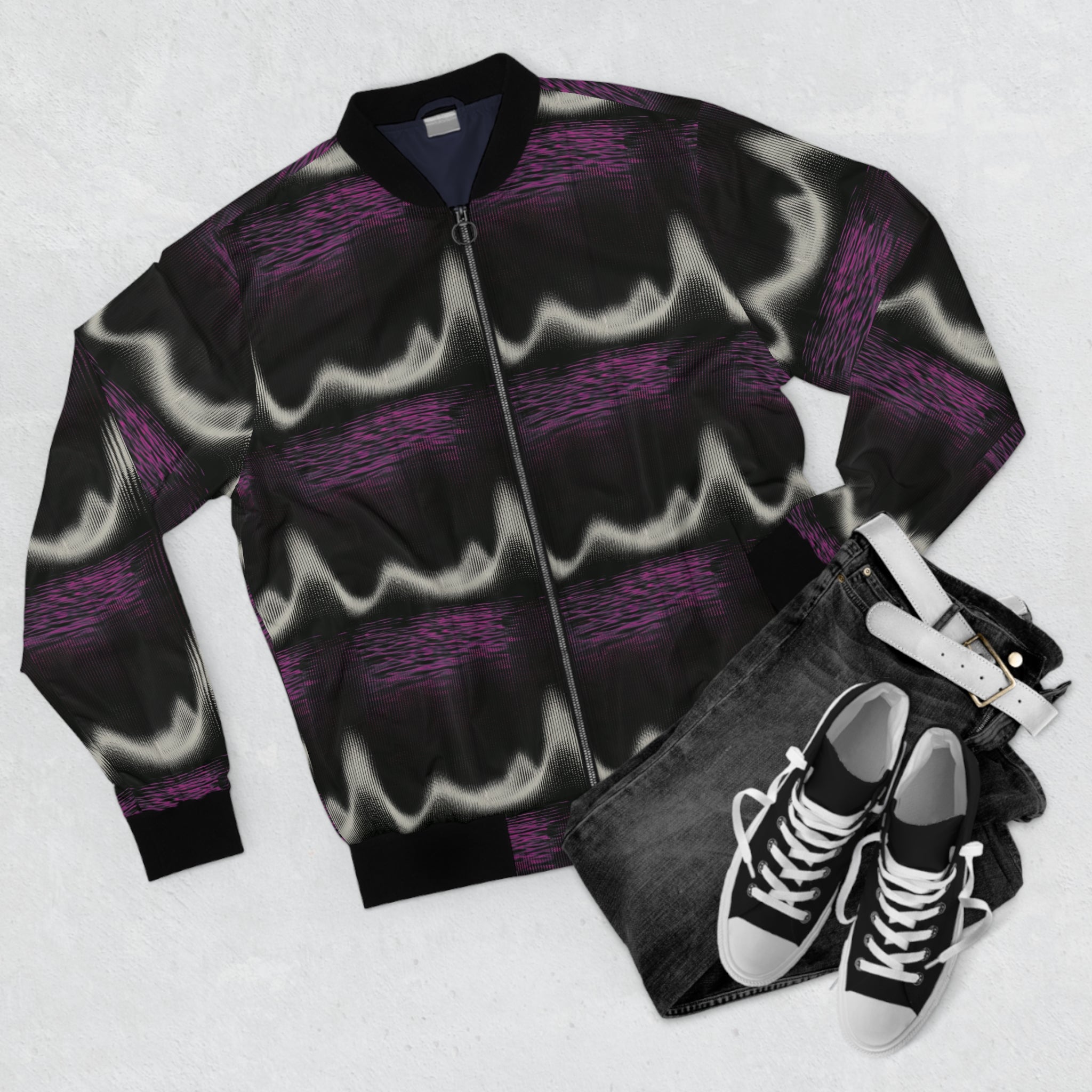 Purple Wave Pattern Bomber Jacket