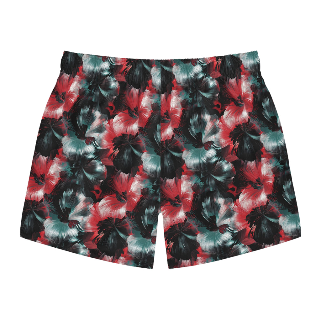Tropical Hibiscus Swim Trunks — Red & Teal Floral Allover Print