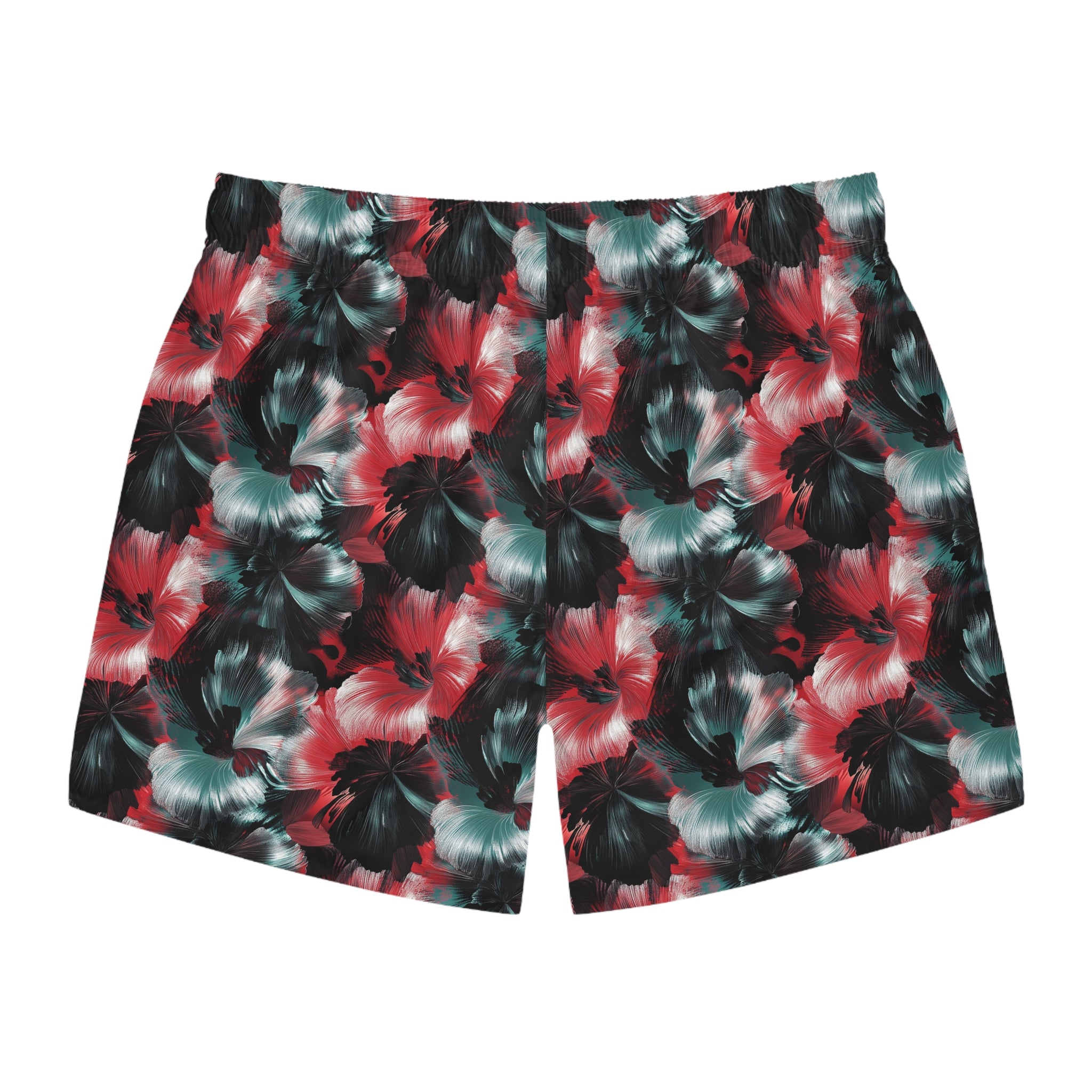 Tropical Hibiscus Swim Trunks — Red & Teal Floral Allover Print