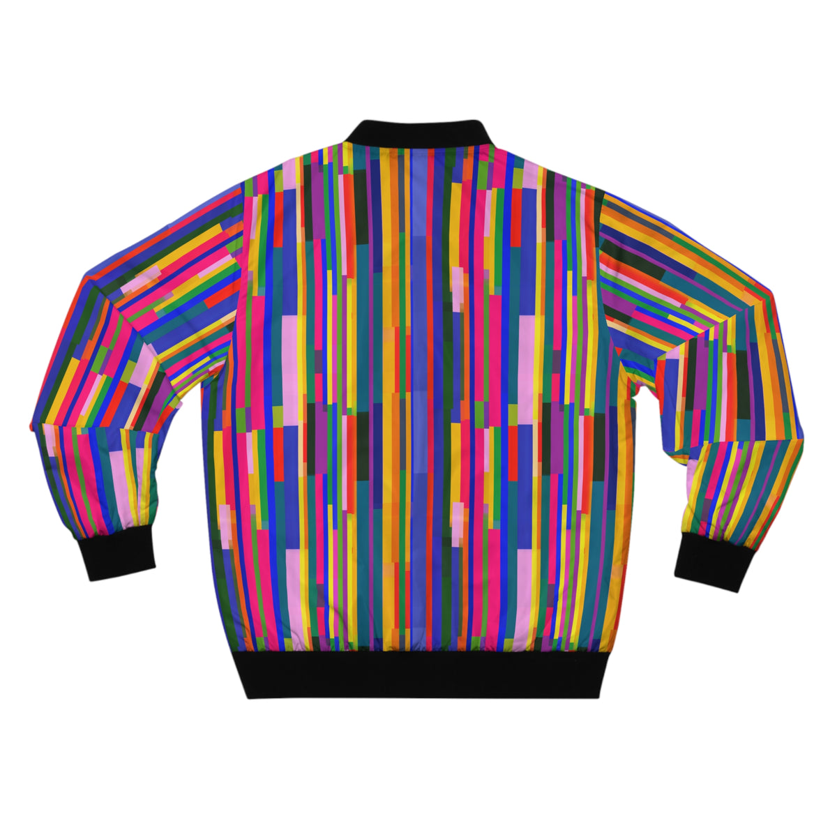 Colorblock Stripe Bomber Jacket — Vibrant Geometric AOP