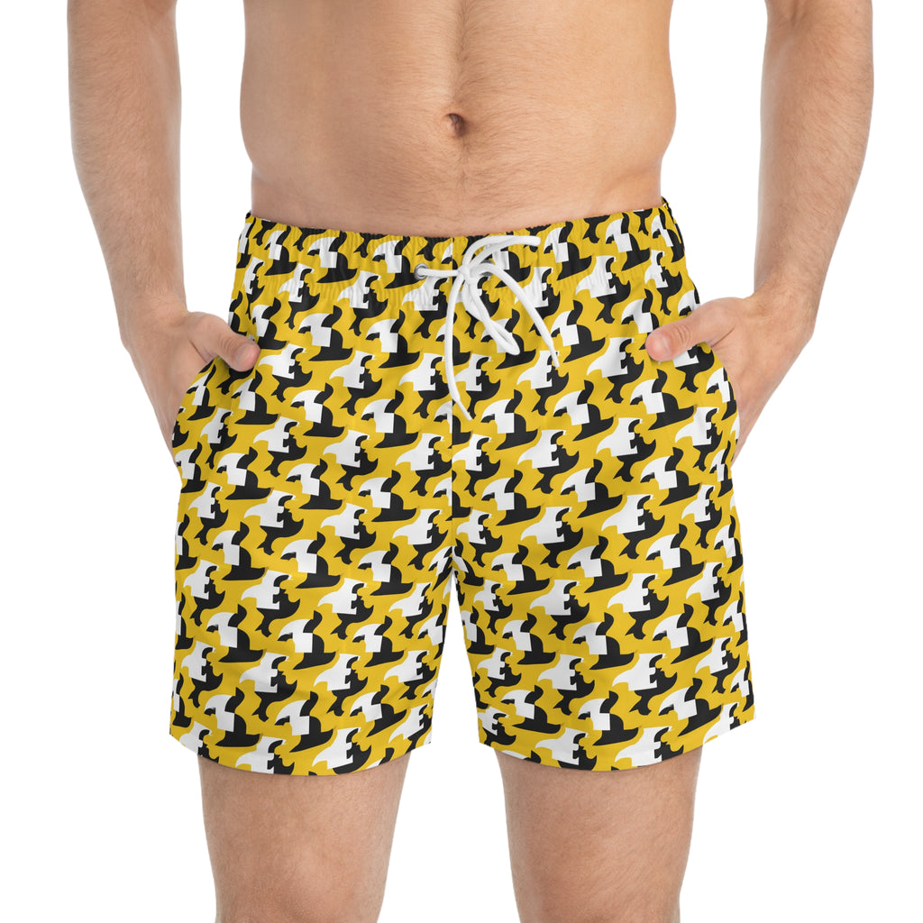 Yellow Houndstooth Swim Trunks – Bold Retro Beach Shorts