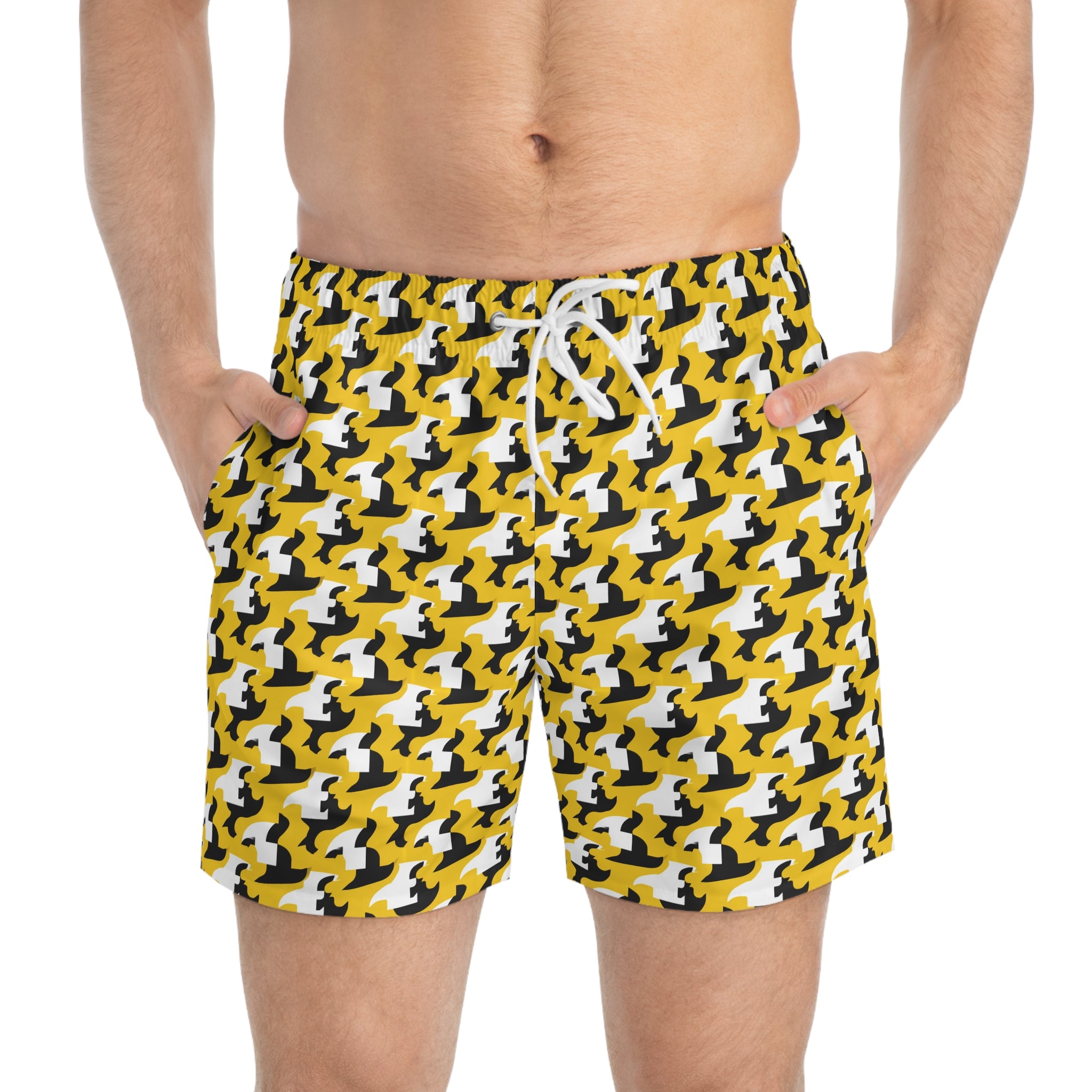 Yellow Houndstooth Swim Trunks – Bold Retro Beach Shorts