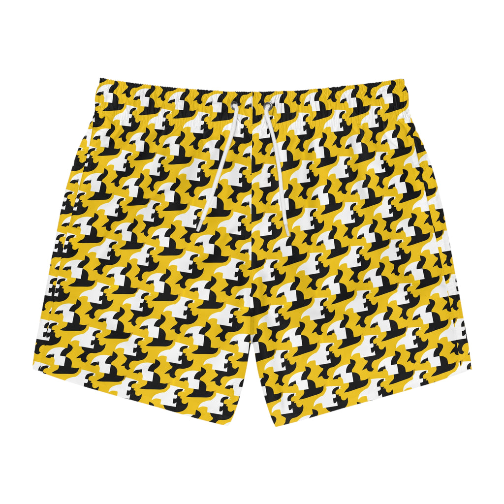 Yellow Houndstooth Swim Trunks – Bold Retro Beach Shorts