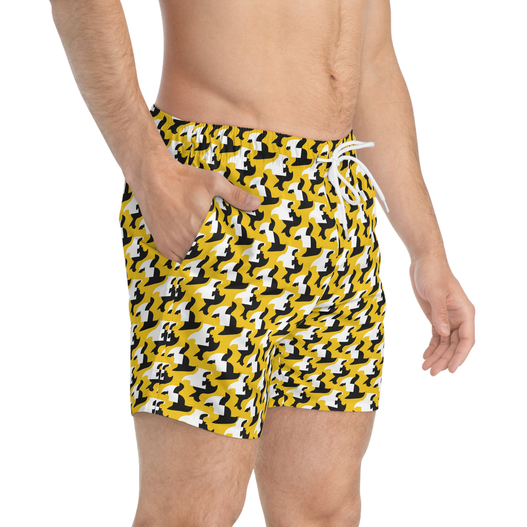 Yellow Houndstooth Swim Trunks – Bold Retro Beach Shorts