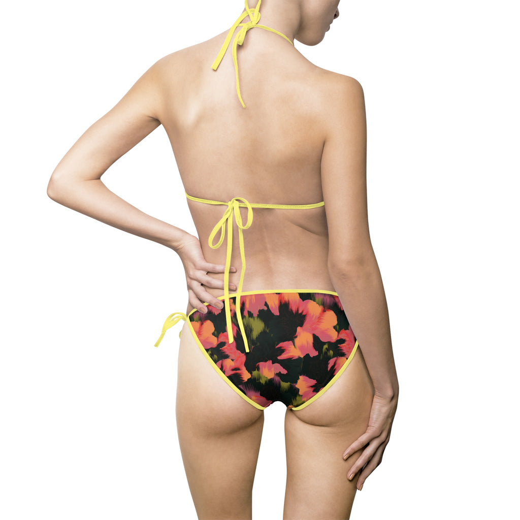 Black Floral Tie-String Bikini — Tropical Watercolor Swimsuit