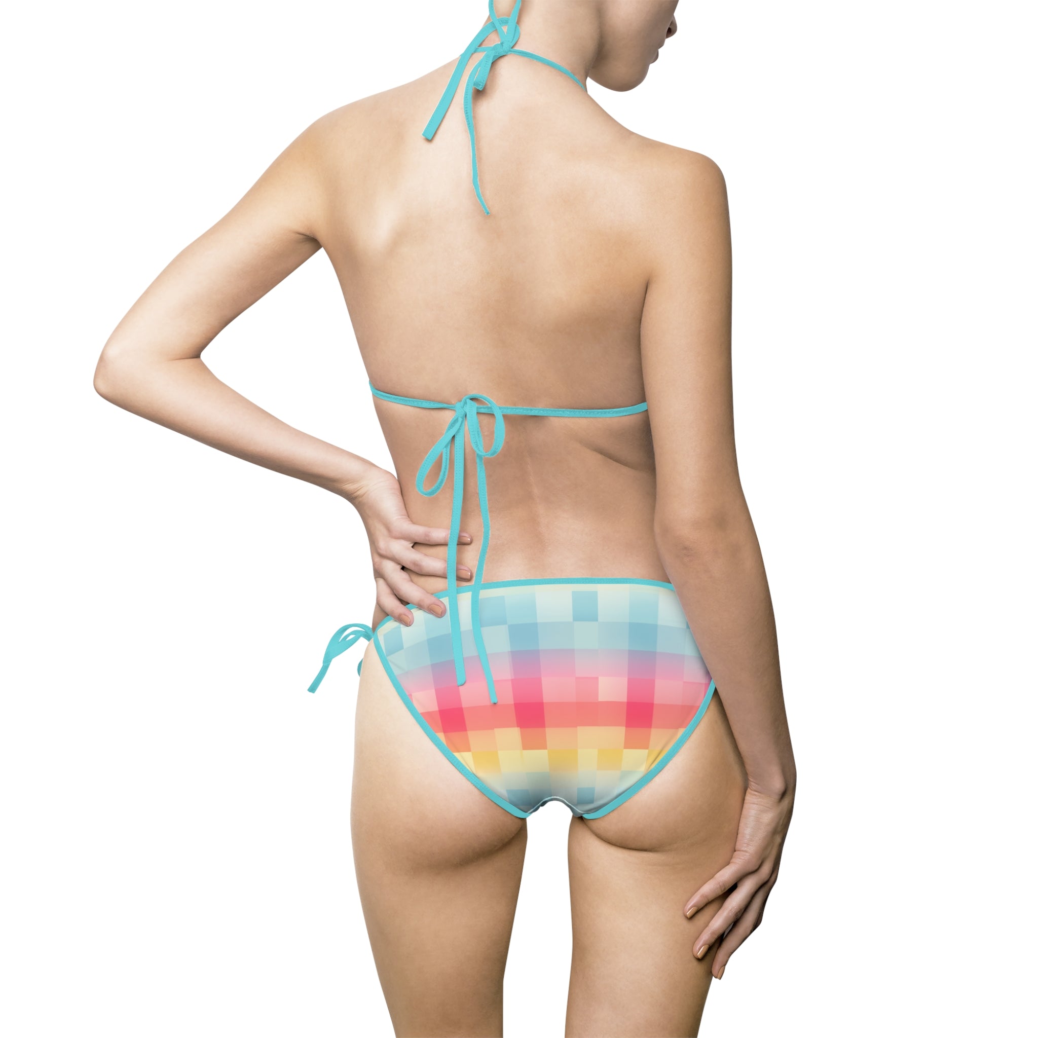 Checkerboard Rainbow Bikini Swimsuit - Vibrant Tie-Side Triangle Beachwear