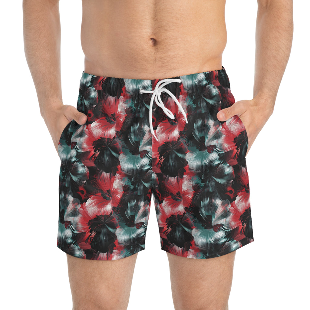Tropical Hibiscus Swim Trunks — Red & Teal Floral Allover Print