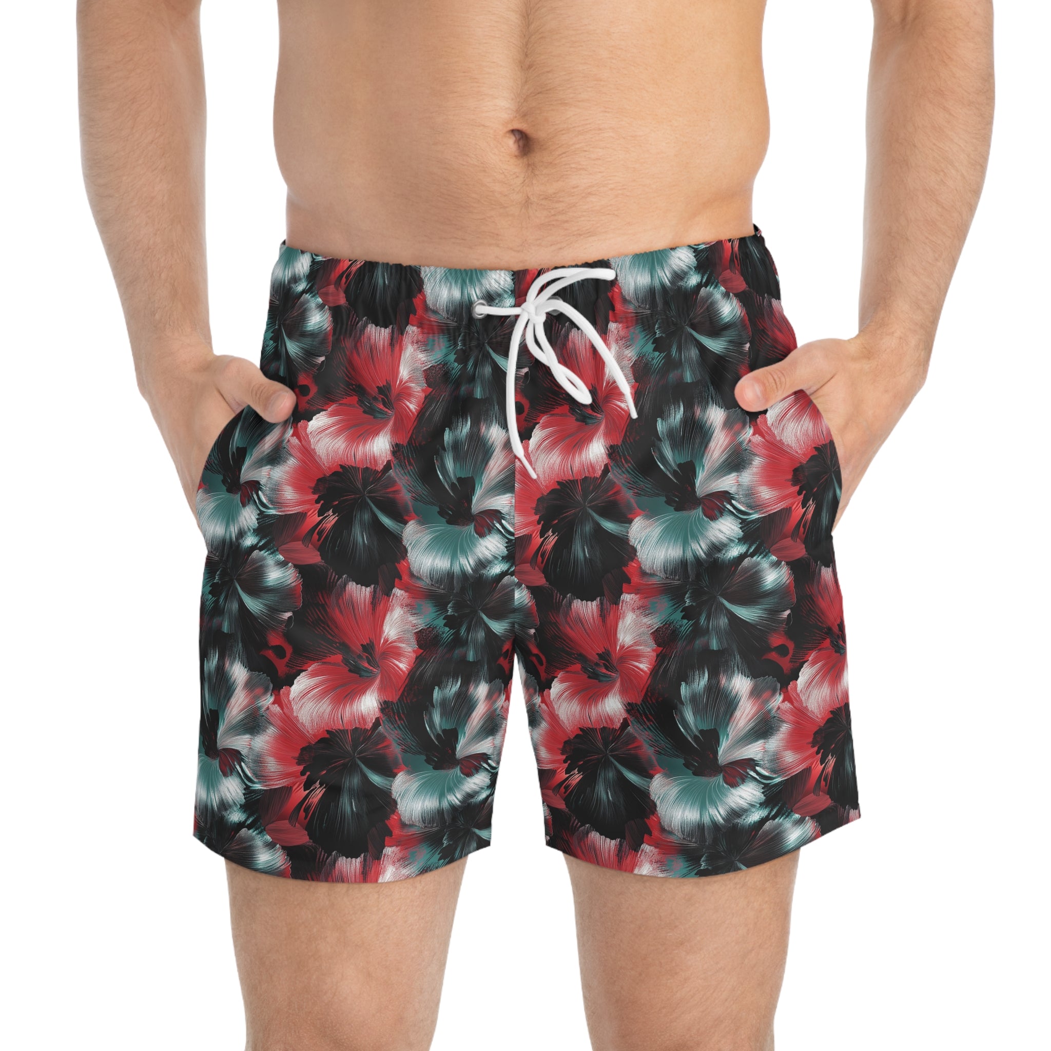 Tropical Hibiscus Swim Trunks — Red & Teal Floral Allover Print