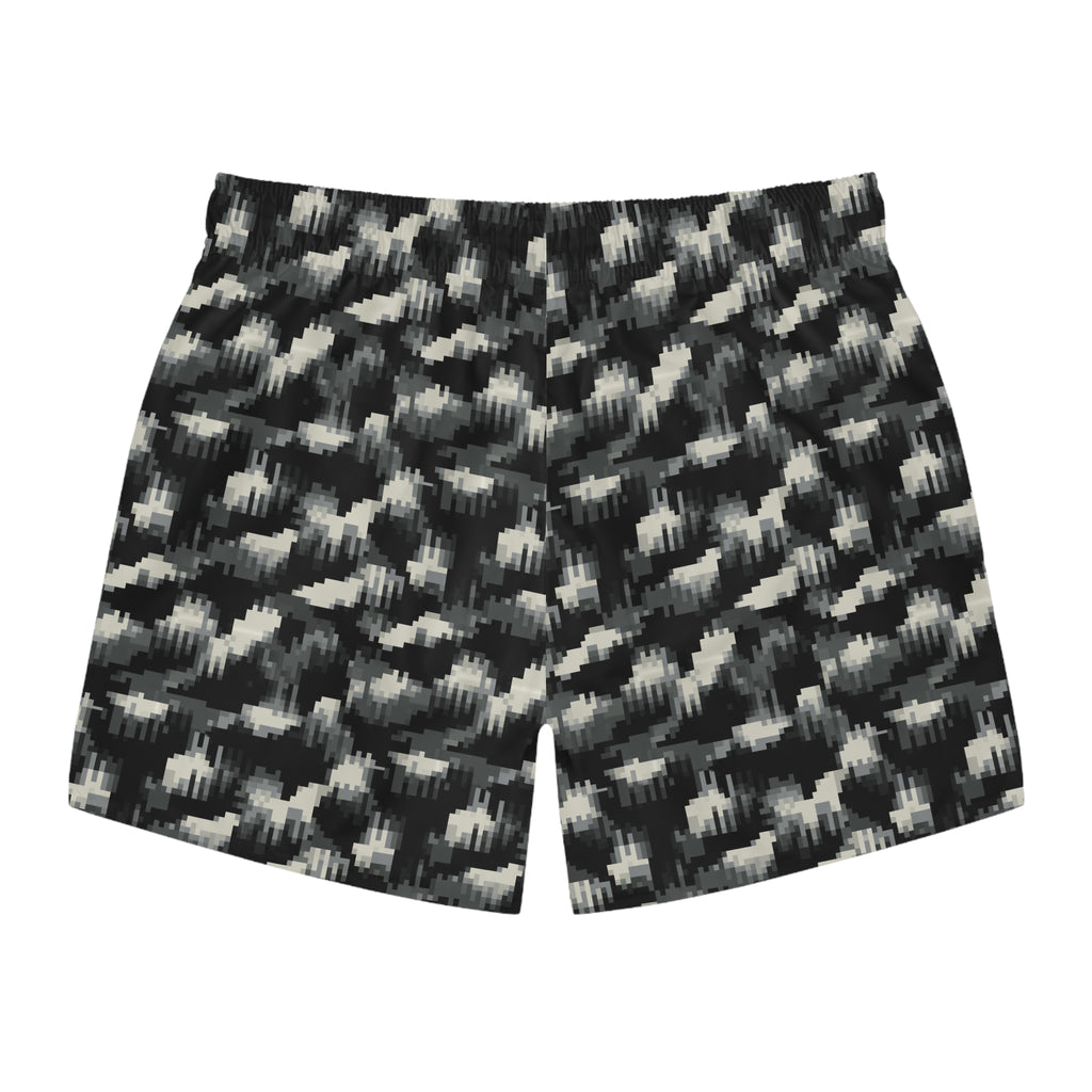 Monochrome Ikat Swim Trunks — Black & Grey All-Over Print