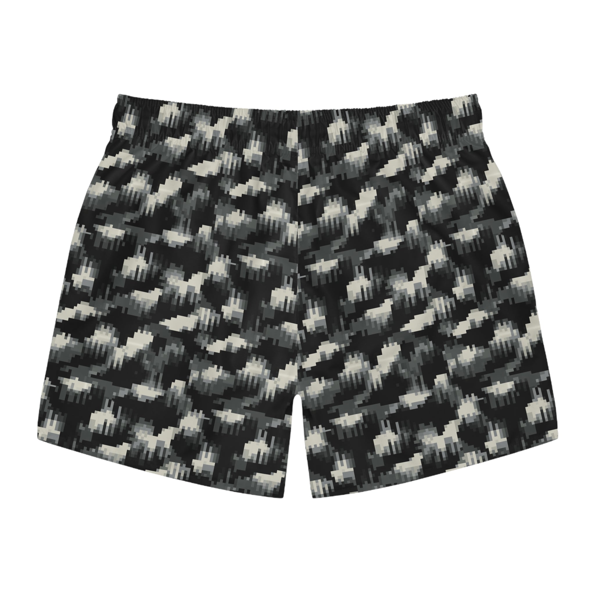 Monochrome Ikat Swim Trunks — Black & Grey All-Over Print
