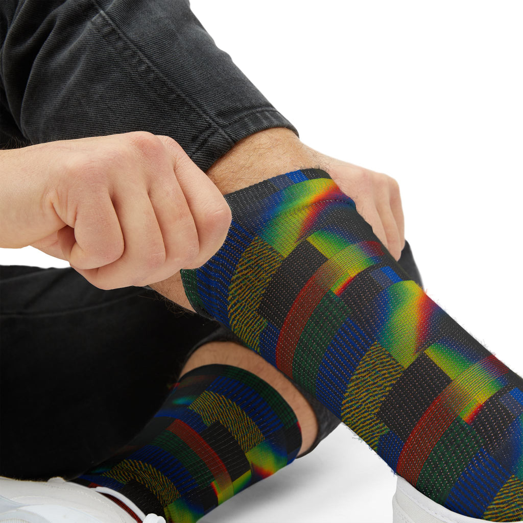 Abstract Rainbow Grid Sublimation Socks — Colorful Geometric Crew Socks