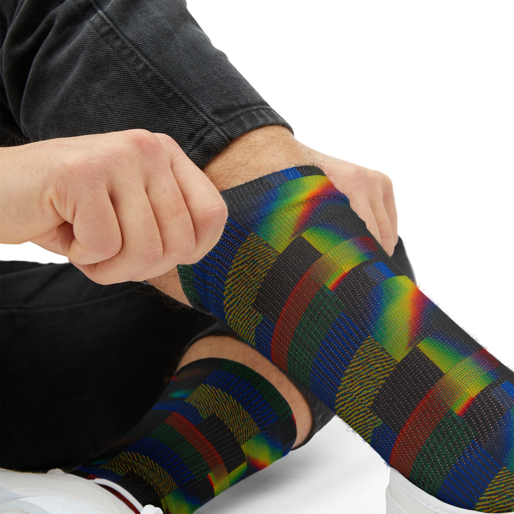 Abstract Rainbow Grid Sublimation Socks — Colorful Geometric Crew Socks