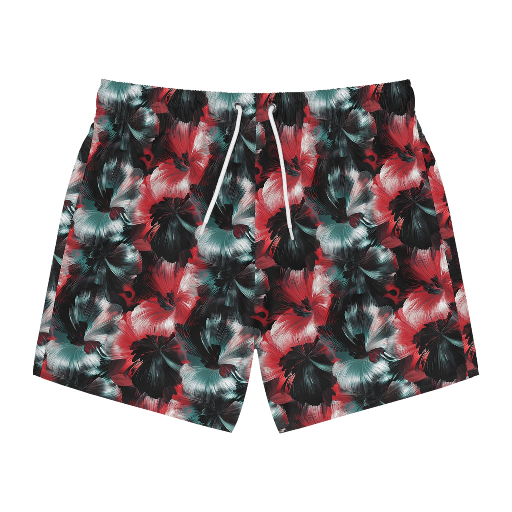 Tropical Hibiscus Swim Trunks — Red & Teal Floral Allover Print