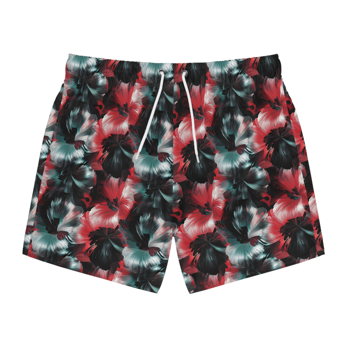 Tropical Hibiscus Swim Trunks — Red & Teal Floral Allover Print