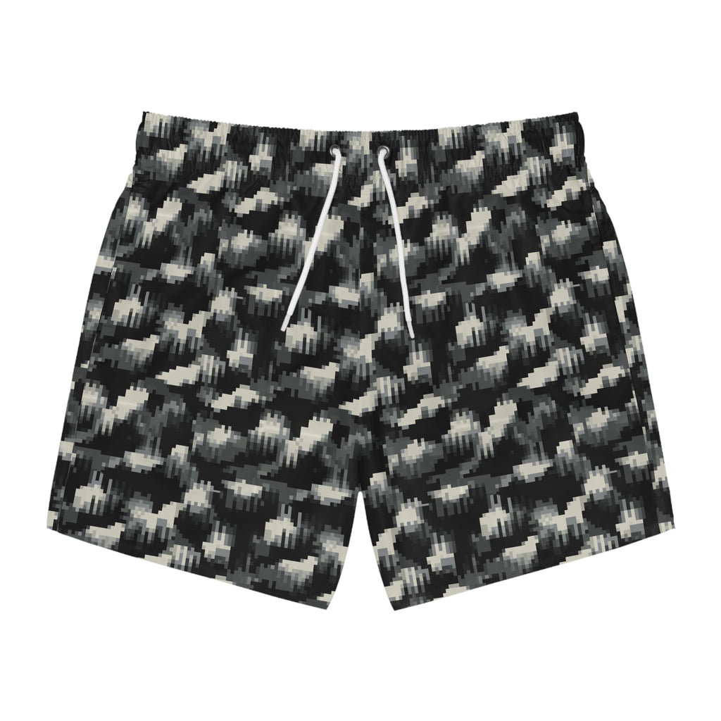Monochrome Ikat Swim Trunks — Black & Grey All-Over Print