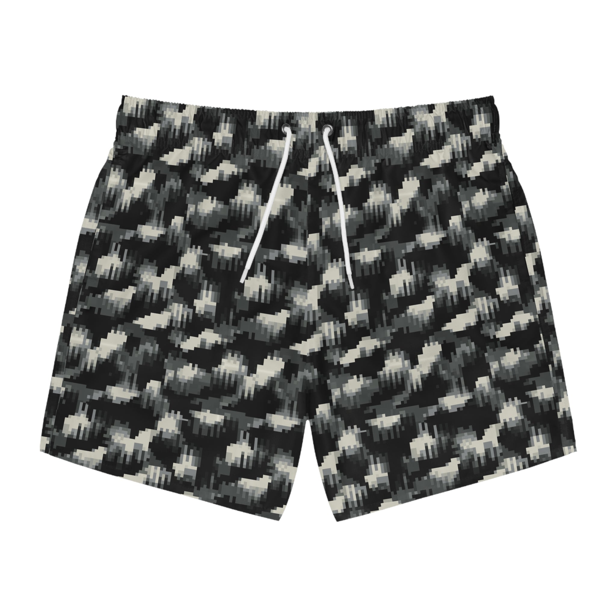 Monochrome Ikat Swim Trunks — Black & Grey All-Over Print