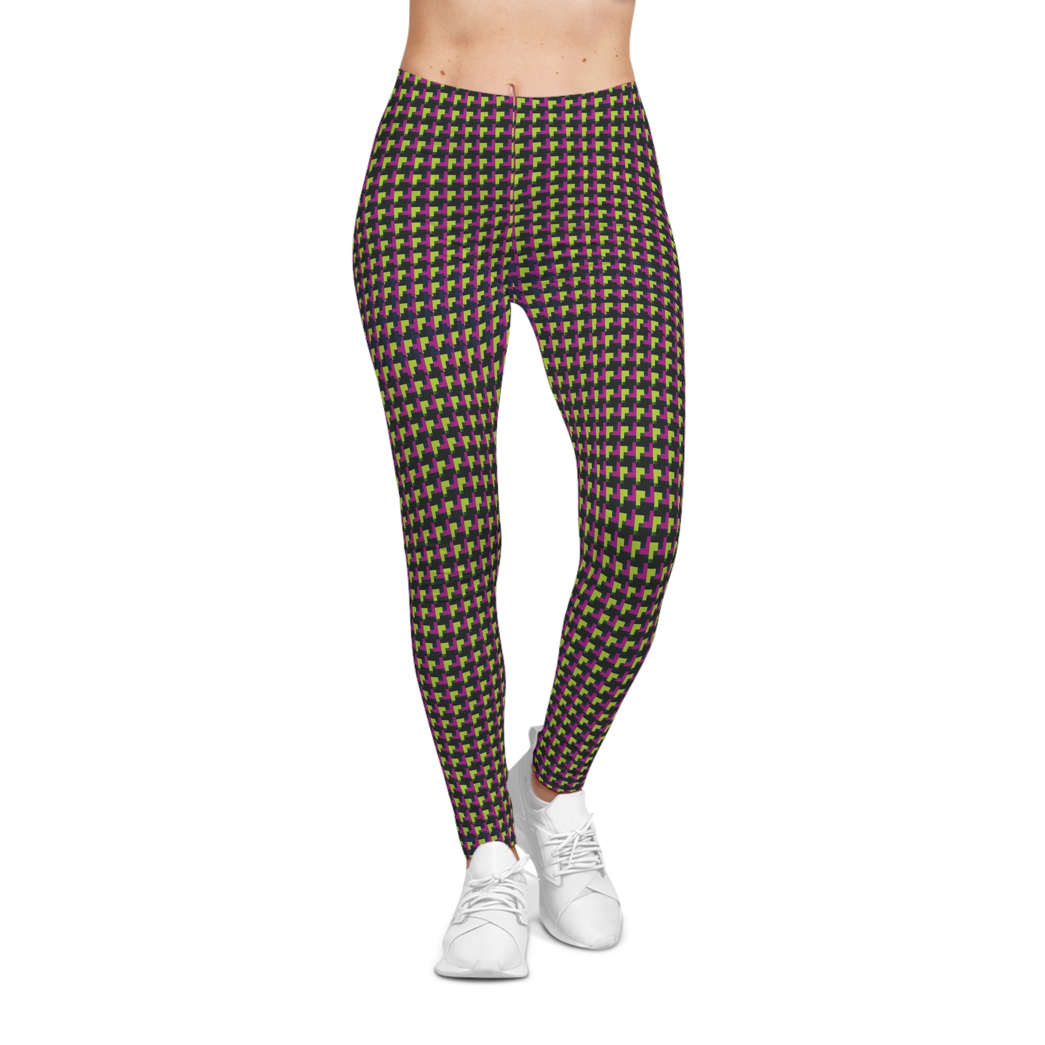 Neon Pink & Lime Houndstooth Stretch Leggings