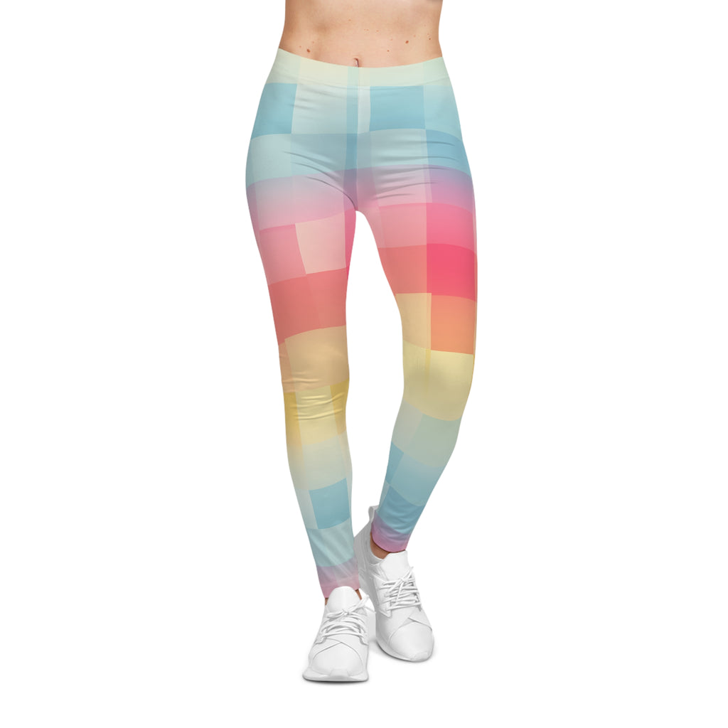 Pastel Gradient Check Leggings — Women's Colorblock Yoga & Casual Leggings