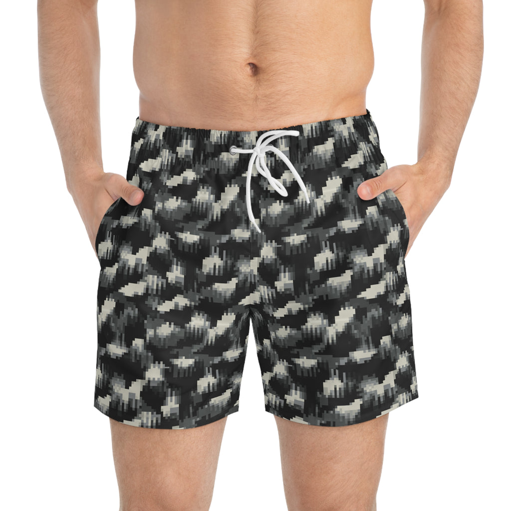 Monochrome Ikat Swim Trunks — Black & Grey All-Over Print