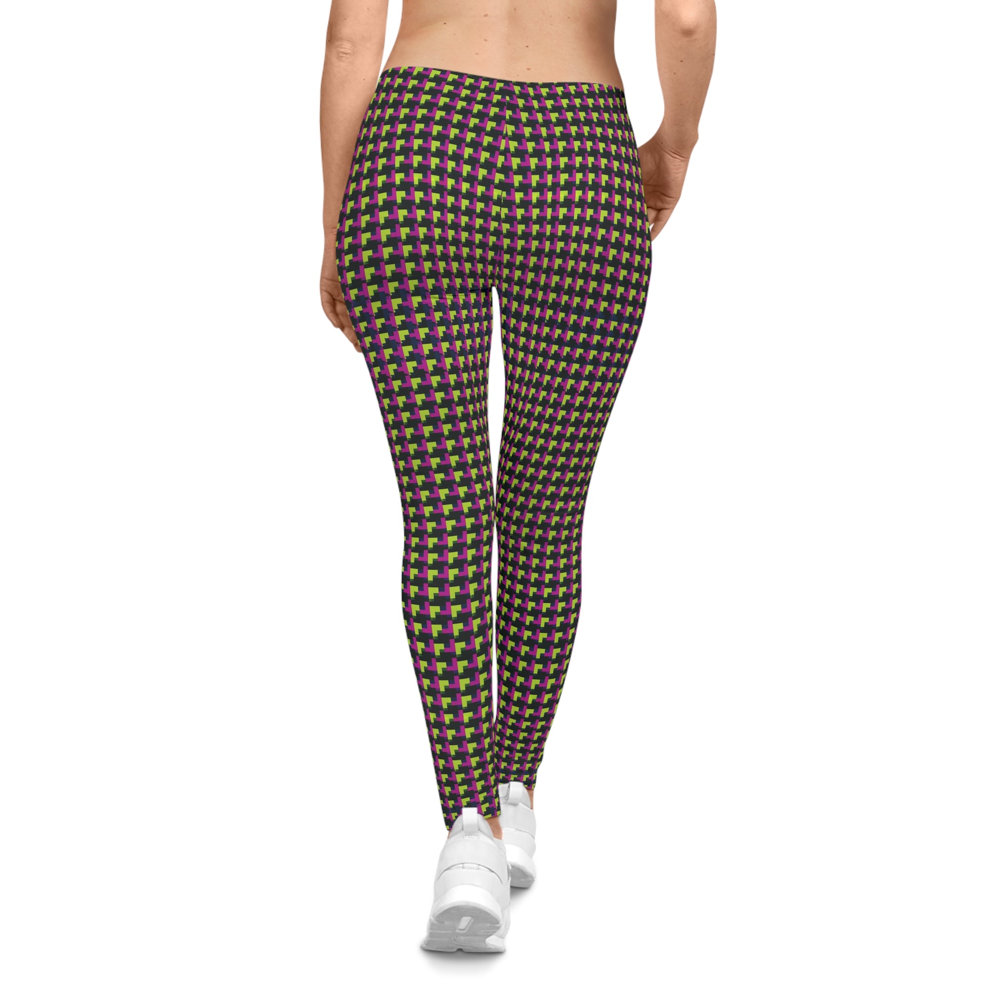 Neon Pink & Lime Houndstooth Stretch Leggings