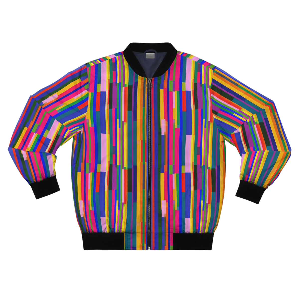 Colorblock Stripe Bomber Jacket — Vibrant Geometric AOP