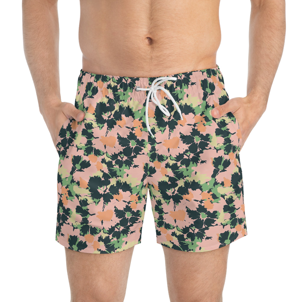 Floral Camo Swim Trunks — Peach & Olive