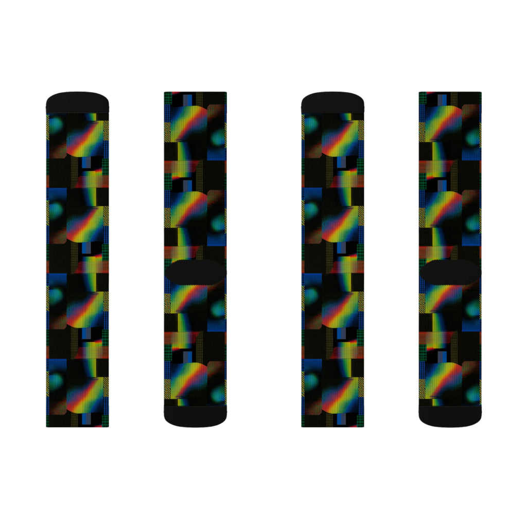 Abstract Rainbow Grid Sublimation Socks — Colorful Geometric Crew Socks